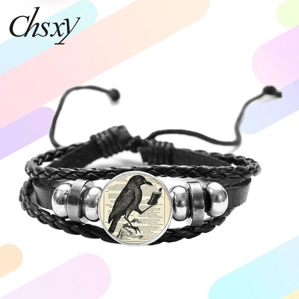 

charm bracelets chsxy raven crow reading book time gem glass snap bracelet blackbird ethnic vintage black braided leather male jewelry, Golden;silver