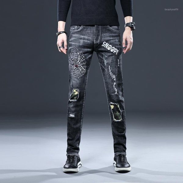 

men's locomotive jeans embroidery trousers male ripped denim pants, Blue