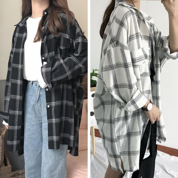 

women's blouses & shirts plaid shirt women loose wild long-sleeved long checkered coat large size bat female students trend, White