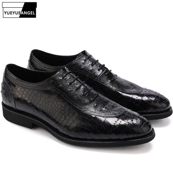 

autumn mens formal shoes 100% real leather british brogue male business lace up pointed toe office work dress footwear, Black