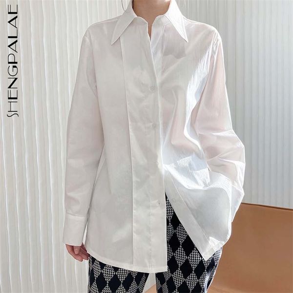 

women big size spliced pleated black blouse lapel long sleeve loose fit shirt fashion tide spring autumn 210427, White