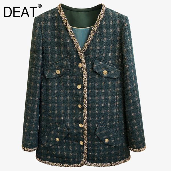 

[deat] v-neck collar long sleeve single breatsed pocket casual bright silk tweed loose print green spring gx346 210428, Black;brown