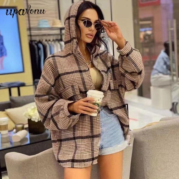 

women's blouses & shirts 2021 fashion women plaid hooded shirt chic long sleeve casual loose cotton blusas spring, White
