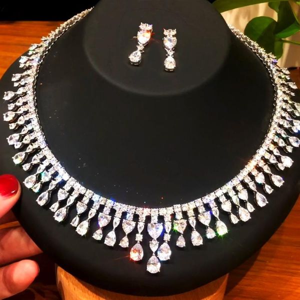 

earrings & necklace godki luxury heart cut 2pcs statement jewelry set for women wedding full cubic zircon crystal dubai bridal 2021, Silver