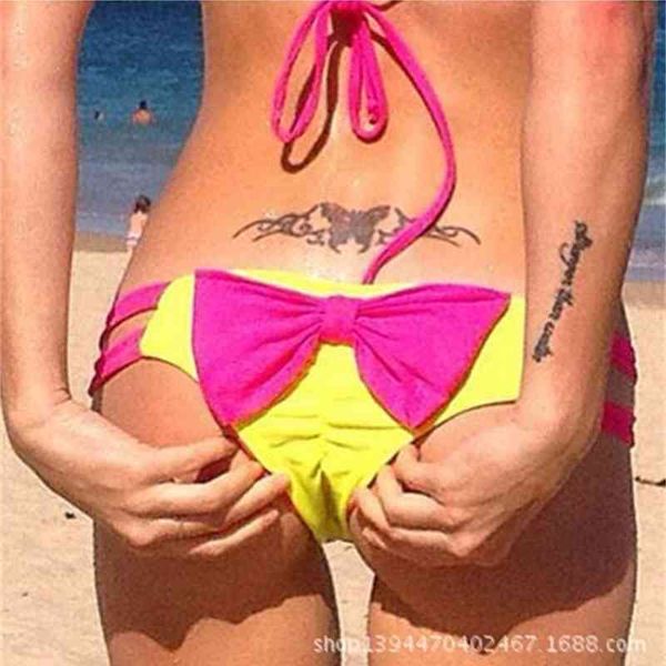 

Women' Bikini Swimwear Pleated Bow Pants Swimming Trunks, Yellow rose red bow