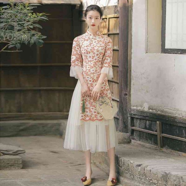 YOSIMI Frauen Kleid Elegante Sommer Floral Stickerei Spitze Mesh Mid-kalb Fit und Flare Chinesischen Stil Cheongsam 210604