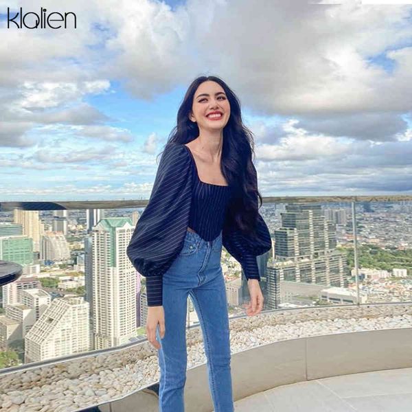 

t shirt autumn fashion elegant long sleeve square collar women casual simple street slim striped female t-shirt, White