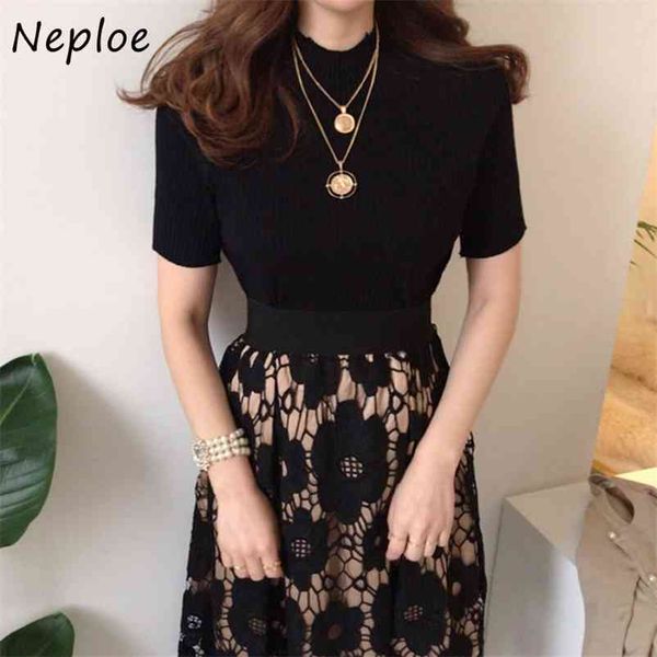 

korean temperament 2 pcs women set o neck pullover short sleeve knit sweater + high waist hip lace skirt suit spring ol 210422, White