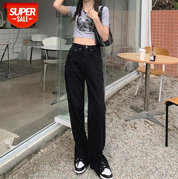 

high waist slim black denim trousers women's front slit wide leg mopping pants #3n6b, Black;gray