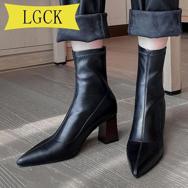 

boots plus size 34-43 women shoes pointed toe elastic brown leather high heel socks square heels pumps, Black