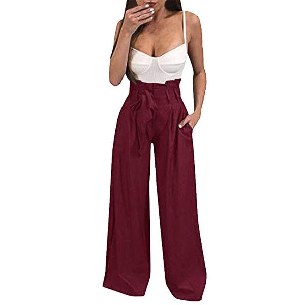 

women's pants & capris women plus size high waist pure color red wide leg bandage trousers loose soft leisure casual 2021, Black;white