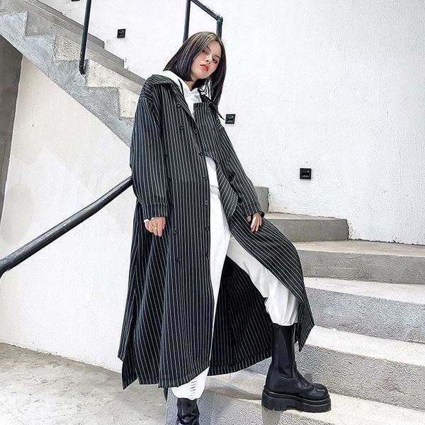 

women's trench coats hong kong style chaoren windbreaker 2021 spring and autumn large mid long striped double breasted lapel coat fashi, Tan;black