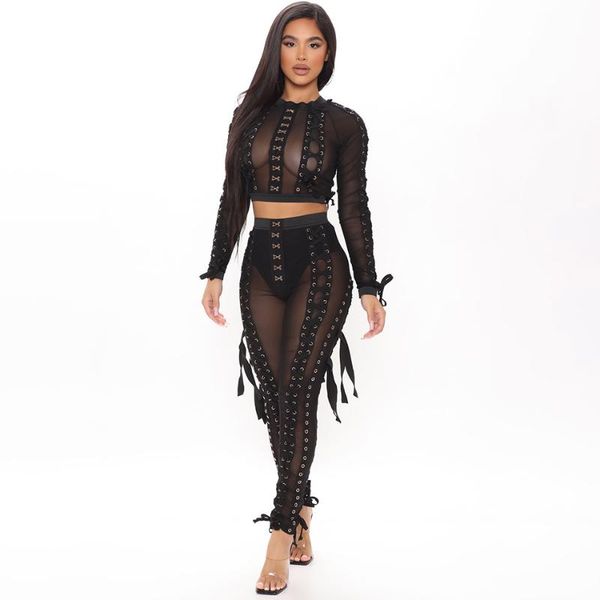 

women's two piece pants [shesrim] black lace up 2-piece pant set hooks eyelets embellishment long sleeves mesh crop and high waist, White