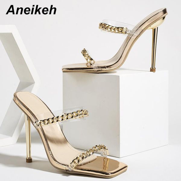 

aneikeh high heels wedding ladies pvc slippers summer women's shoes chain metal decoratio bordered fashion leisure 2021, Black