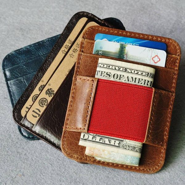 

wholesale elastic card holder leather mini travel bank wallet men minimalist quality purse holders, Brown;gray