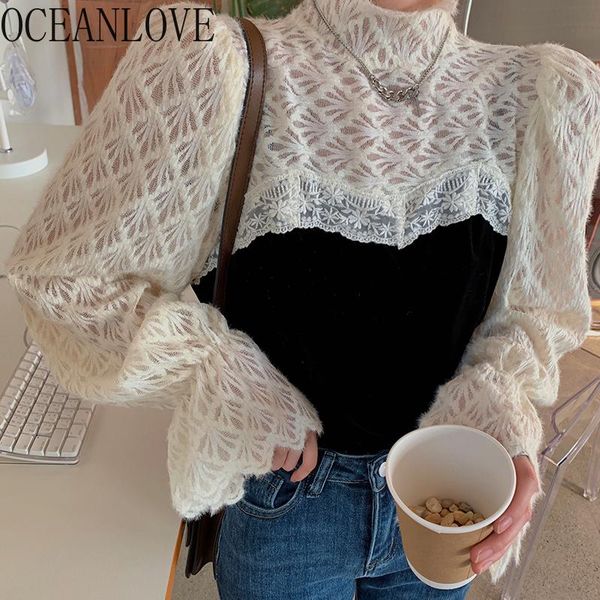 

women's blouses & shirts oceanlove lace blusas mujer turtleneck autumn winter flare sleeve vintage women pacthwork elegant ins, White