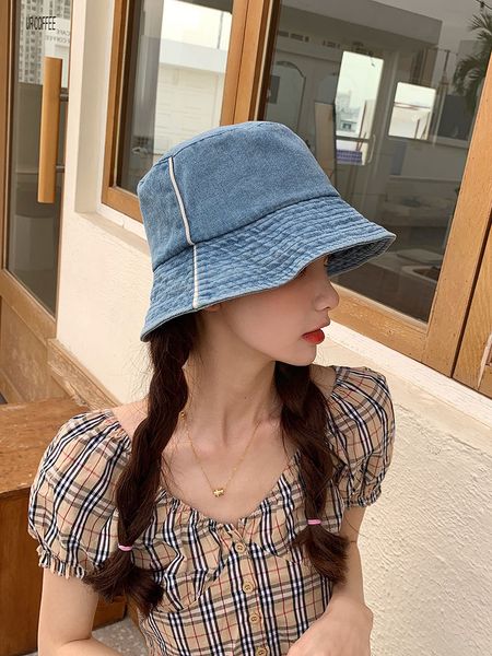 

female fisherman's hat bucket sunscreen hat korean tide sun hat cover face versatile tide brand show face small, Blue;gray