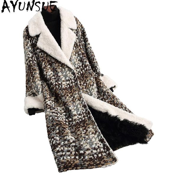

women's fur & faux ayunsue 2021 real coat female long tweed wool blend jackets warm winter jacket women natural lamb coats 1611 wyq1988, Black