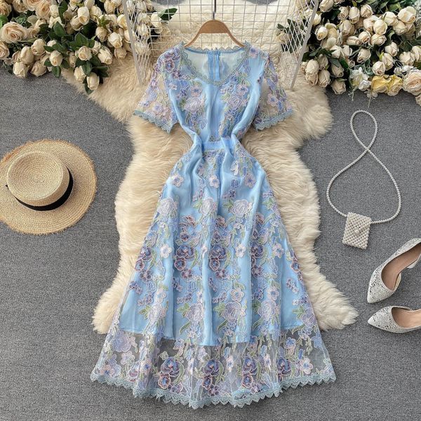 Singreiny Alta Qualidade Bordado Malha Dress Mulheres Francês Elegante A-Linha Vestidos De Noite Verão Moda Streetwear Vestido Azul 210419