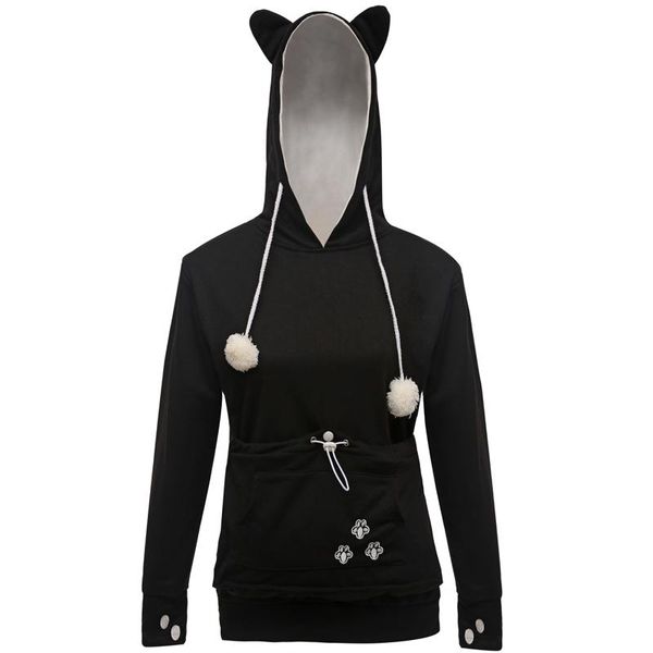 

women's hoodies & sweatshirts sesoaf plus size long sleeve embroidery women big pocket with cuddle pouch dog / cat pet casual pullovers, Black