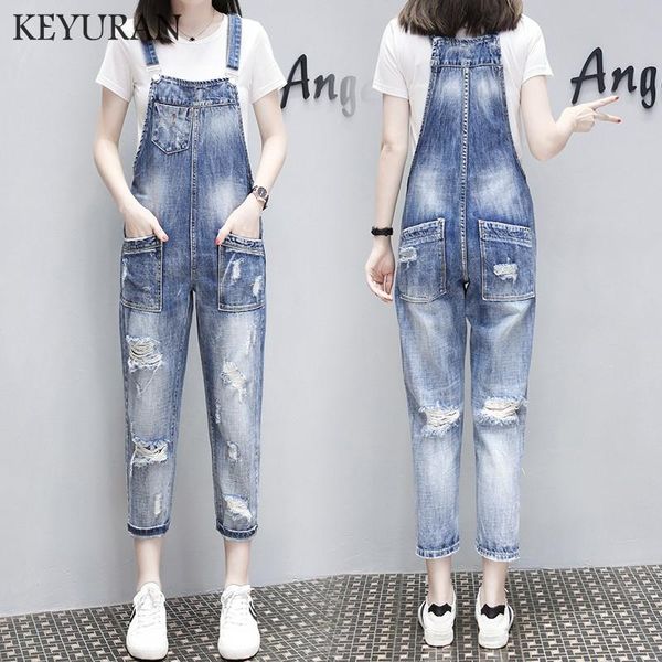 

women's jumpsuits & rompers 2021 autumn europe fashion women overalls denim jumpsuit ripped hole casual jeans sleeveless female loose, Black;white