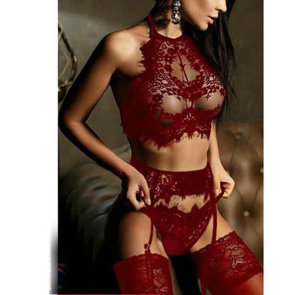 

eyelash suspender three-point three piece set hollow garter underwear, Red;black