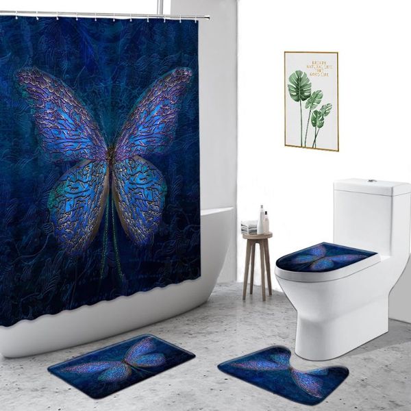 

shower curtains blue butterfly curtain flower color butterflys bathroom decor set non-slip carpet toilet cushion waterproof bath