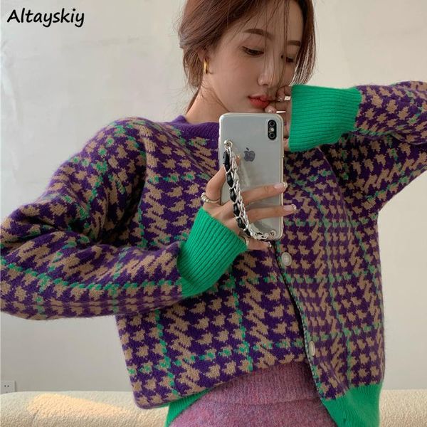 

women's knits & tees sweaters women spring elegant lady knitting long sleeve all-match lovely vintage mujer houndstooth design chic car, White
