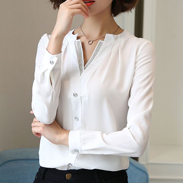 

chiffon women blouses black white long sleeve womens ladies shirts autumn v-neck elegant blouse shirt blusa 336b 210420