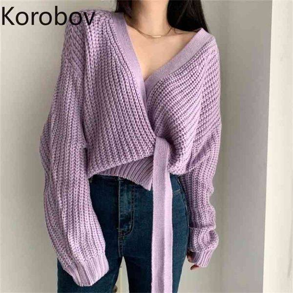 

korobov korean chic vintage crop sweaters vintage long sleeve knit slim sueter mujer office lady lacing v neck female pullover 210430, White