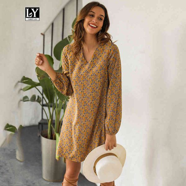 

dresses new spring women vintage v neck long sleeve floral print loose a-line short dress female vestidos, Black;gray