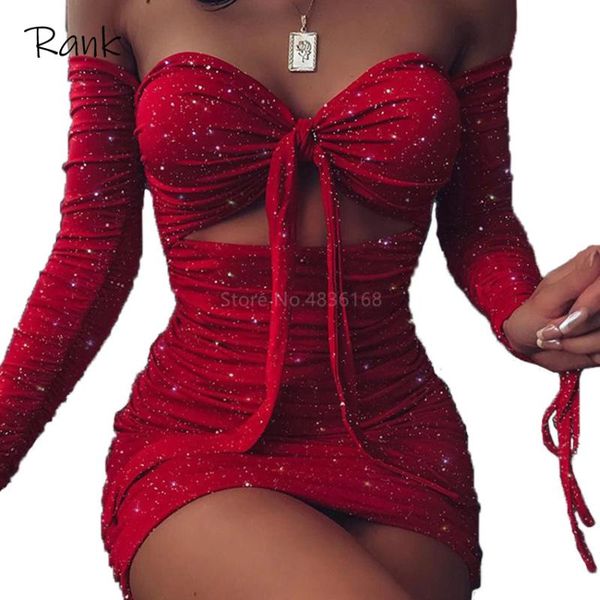 

casual dresses shiny party dress women strapless hollow out long sleeve vestidos tie-up summer solid pleating bandage female, Black;gray