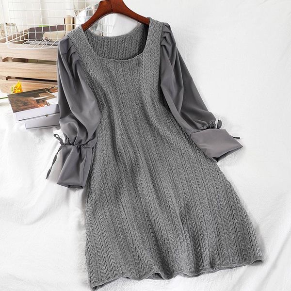

casual dresses korean fashion dress women long sleeve autumn winter knit sweater woman black patchwork party clothing, Black;gray