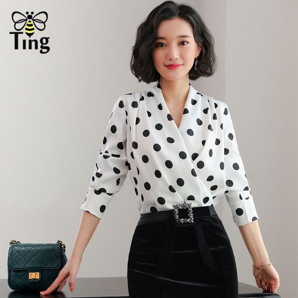 

classic casual women shirts lady elegant office work blouse v neck satin polka dot shirt plus size 2xl 4 colors 210513, White