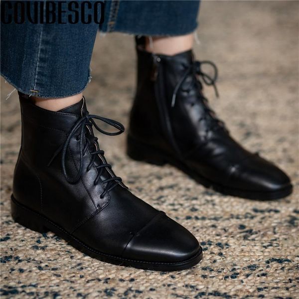 

boots covibesco elegant genuineleather ladies classic design shoes for women round toe thick heels pumps office woman, Black