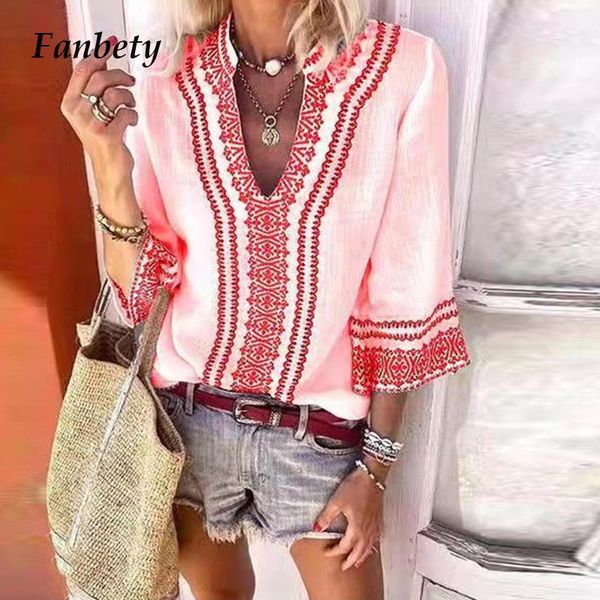 

women's blouses & shirts 2021 summer autumn female v-neck loose pullover vintage pattern print 3/4 sleeve blouse women casual harajuku, White