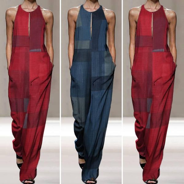 

women's jumpsuits & rompers party jumpsuit women vonda 2021 summer vintage long wide leg pants sleeveless patchwork playsuit female tro, Black;white