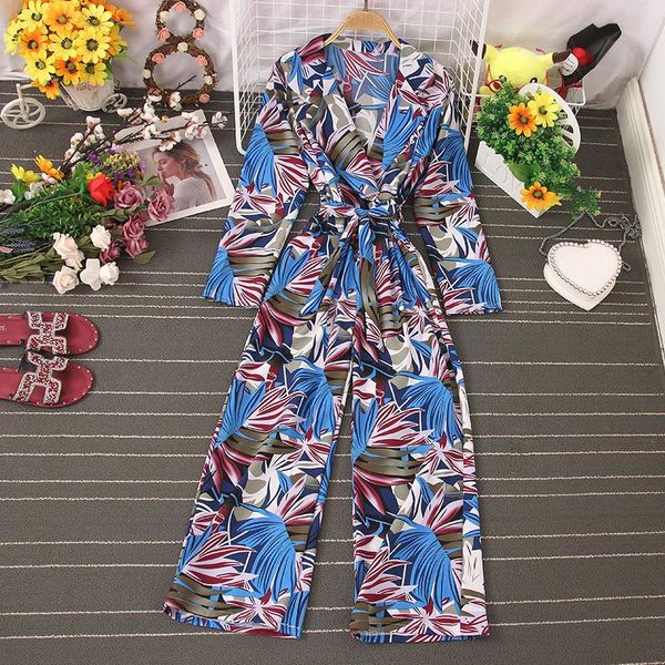 

autumn product printed jumpsuit women's v-neck long-sleeved waist slimming mid-length casual wide-leg pants uk029 jumpsuits & rompers, Black;white