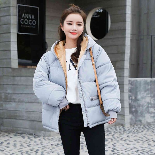 

winter elegant women warm jacket outwear casual loose short overcoat hooded thick solid cotton coat 210423, Black