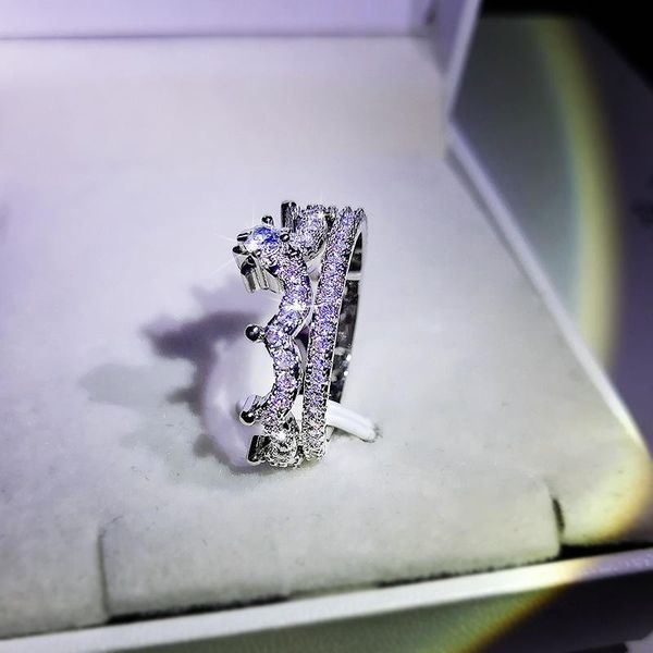 

cluster rings fashion flawless women's two-piece crown ring crystal zircon bridal party wedding jewelry exquisite female engagement, Golden;silver