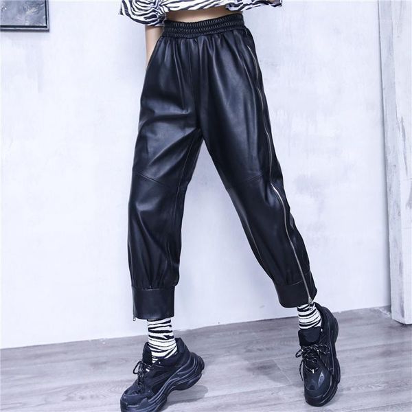 

women's pants & capris real leather zipper stitching elastic waist genuine sheep pant female was thin with pockets f2768, Black;white
