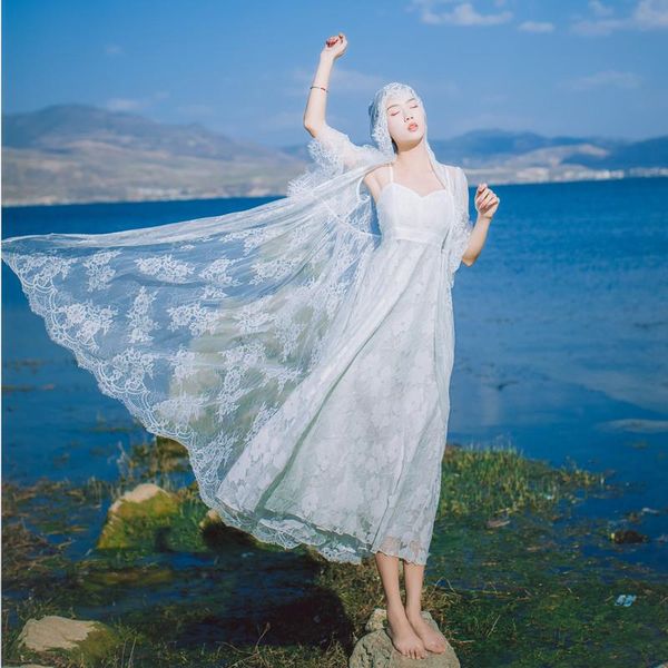 

casual dresses vintage white embroidery hooded outercoat with string dress fairy/princess long, Black;gray