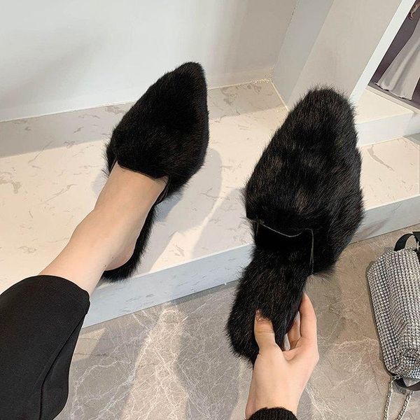 

black white fur women slippers round toe slip on womens flats soft rubber heels slides long plush lining shoes woman