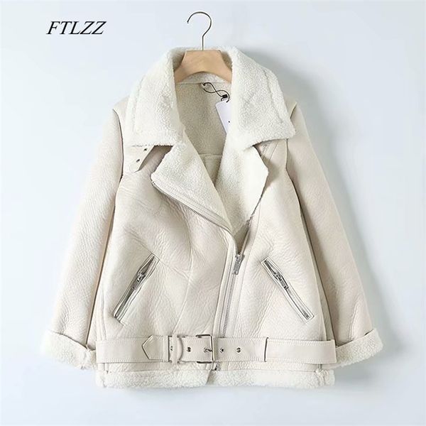 Frauen Faux Weiches Leder Lamm Pelz Jacke Lose Mantel Winter Warme Lämmer Wolle Moto Zipper Turndown Kragen Outwear 210430