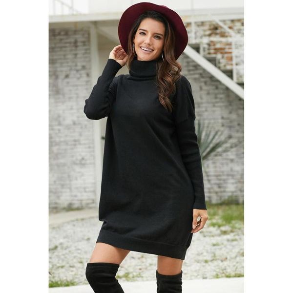 

casual dresses winter high collar jersey women's mid-length loose-fit long-sleeved pullover black ribbed cowl neck lightweight sweater, Black;gray