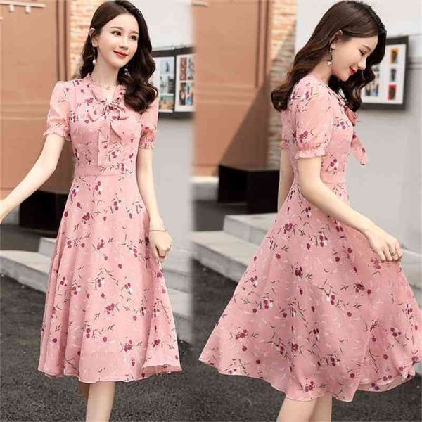 

sweet chiffon small floral bow tie dress fairy summer french niche short-sleeved printing was thin knee-length office lady 210416, Black;gray
