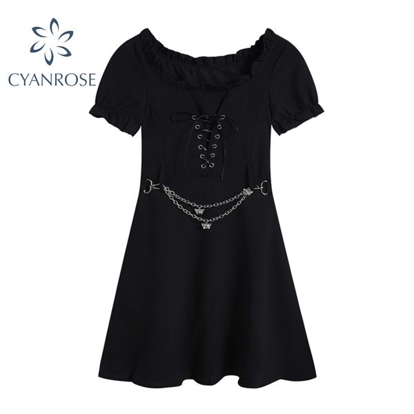 

slim black dress with chain women short sleeve summer gothic party club bar streetwear crop dresses y2k ins vestidos mujer 210417, Black;gray