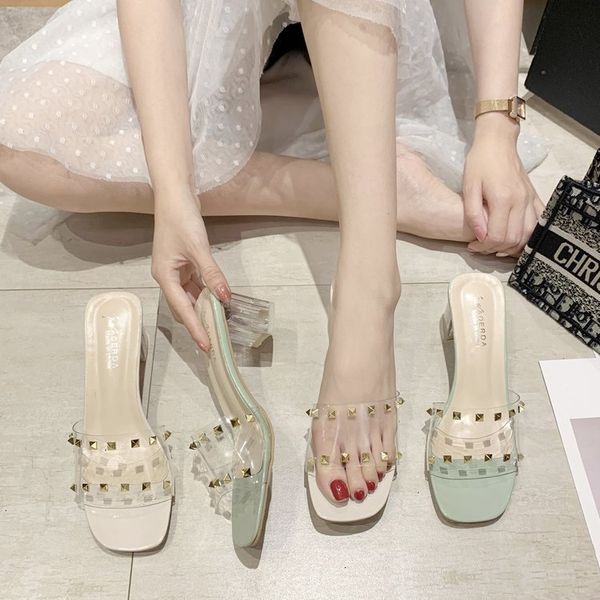 

luxury dress shoes 2021 summer simple transparent film thick heel line slipper's korean version net red rivet high-heeled sandals, Black