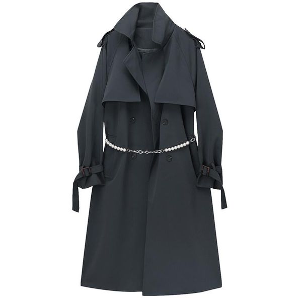 

women's trench coats [ewq] korea chic black coat autumn 2021 laple loose lace up waist double breasted long sleeve windbreaker, Tan;black
