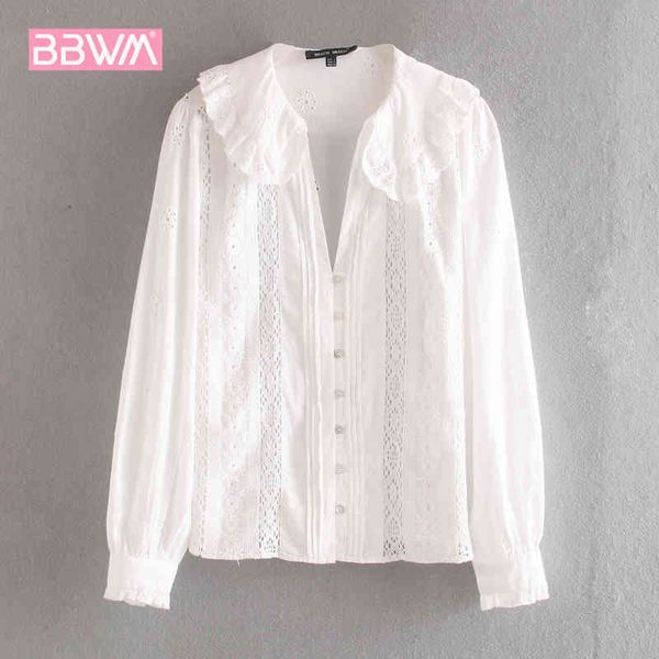 

fall women's long sleeve lapel shirt female fashion cultivate one's morality versatile hollow embroidery white agaric shirt 210507
